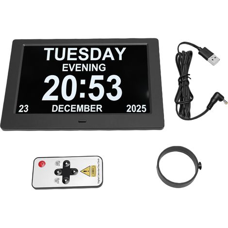Digitaluhr mit Kalender, großem 8-Zoll-Display, Datums- und Zeitanzeige, Erinnerungen, Tag-/Nachtmodus, einstellbarer Helligkeit, Fernbedienung, Wand-/Tischhalterung, 16:10-Format (1/5)