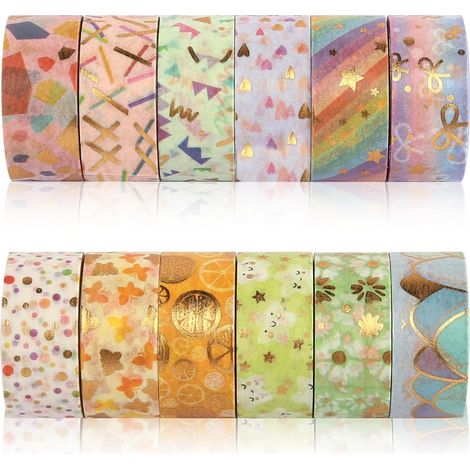 12 Rollen Washi-Tape-Set (15 mm x 3 m), Masking Tape, Goldfolien-Washi-Tape, dekoratives Klebeband, dekoratives Scotch-Tape für DIY-Bastelarbeiten, Bullet Journals, Scrapbooking und Geschenkverpackung
