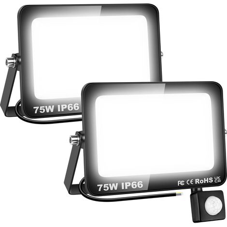 Projecteur Extérieur LED Détecteur de Mouvement PIR, 2pcs 75W 7500LM Blanc Froid 6000K, Spot LED Extérieur Étanche, Éclairage de Sécurite pour Garage Jardin Cour Entrée Parc
