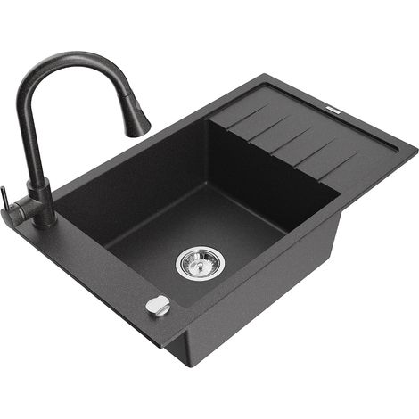 Mexen Elias fregadero de granito de 1 seno con escurridor y grifo de cocina Elia, negro moteado - 6511-76-670101-76 (1/5)