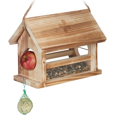 Relaxdays Vogelfutterhaus, geflammtes Design, FSC Zertifikat, HxBxT: 24x31x20 cm, wetterfeste Vogelfutterstation, natur