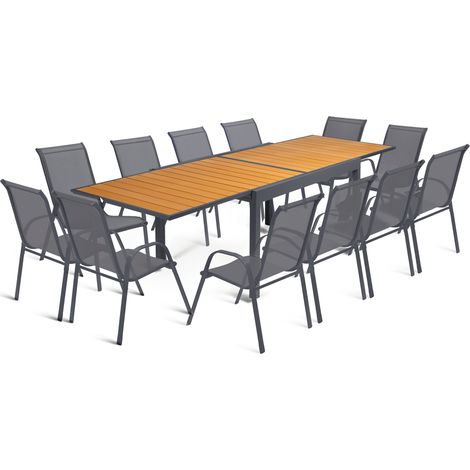 Idmarket – Ensemble table extensible 135-270 cm – 12 chaises empilables en métal et textilène gris anthracite – Structure acier et composite bois