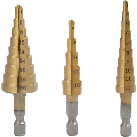 3 x HSS Countersink Drill Bits 4-12 mm/4-20 mm/3-12 mm/3-12 mm, Metal Milling Cutter, Hexagonal Shank, Suitable for Drilling by Screwdriver in Steel, Brass, Wood and Plastic (1/5)