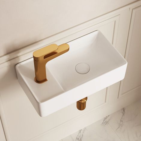 Vasque Lave Main - Vasque Suspendue Rectangulaire Blanche pour Vasque Salle de Bain - Trou pour Robinet à Gauche 45,5 x 25 x 11 cm - Facile d’entretien – Bonde pop-up incluse - DeerValley