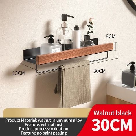 Étagère d'angle en bois et aluminium (poteau noir de 30 cm) pour ranger le shampoing, le gel douche et organiser la salle de bain. Accessoires de salle de bain. (1/5)