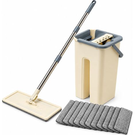 HAUTOUR Kit Balai Serpillière Plat, Seau Essoreur 2 en 1 & 10 Microfibres, Pour humide et sèche, pour sols, murs et plafonds, Capacité du seau: 8L, Taille de la broche: 33 12 128cm, beige (1/5)