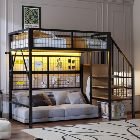 Hochbett 90/200 cm schwarz aus Metall mit Treppe, Stauraum und LED-Beleuchtung (1/5)