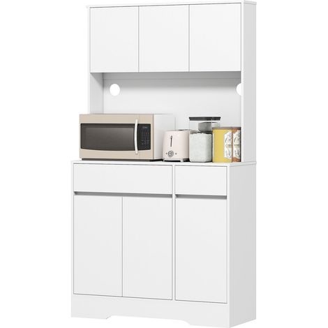 Mueble de cocina con encimera abierta, 6 puertas, 2 cajones, estantes regulables, pasacables, aglomerado, blanco (1/5)