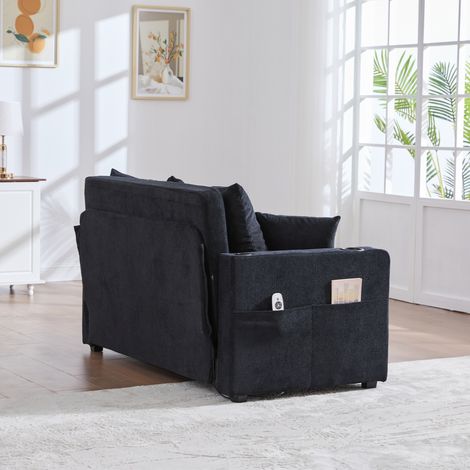 Schlafsofa 139x83x58 cm Schwarz Chenille mit Bettfunktion, USB-Anschluss, Getränkehaltern und Seitentaschen (1/5)
