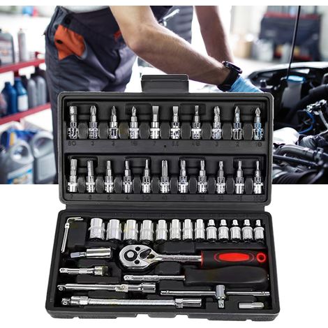 Kit d'outils de réparation automobile 46 pièces comprenant une clé à douille, un cliquet et un tournevis combinés noirs (1/5)
