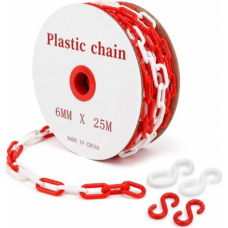 Chaîne de signalisation en plastique 25 m × 6 mm, rouge et blanc, chaîne de balisage avec 4 crochets en S, maillons 4 × 2 cm, chaîne de sécurité pour parking, garage, entrepôt, événement (1/5)