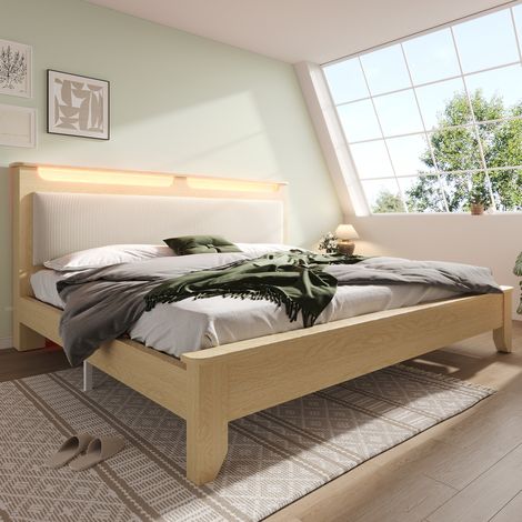 Lit adulte 160 x 200 cm en bois beige avec tête de lit rangement et LED, sommier à lattes (1/5)