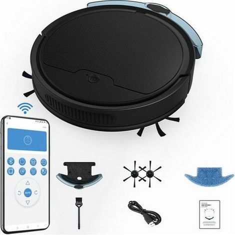 Aspirateur robot, Robot Laveur, Aspirateur, contrôle APP Bluetooth avec réservoir d'eau de 200ML pour 120-150m², Noir, KINSI