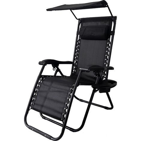 Sedia Sdraio 0 Gravità Pieghevole Professionale con Tettuccio Parasole e Poggiapiedi in Acciaio e Textilene – Reclinabile con Cuscino e Porta Bevande, Ideale per Giardino, Piscina e Campeggio Nero (1/5)
