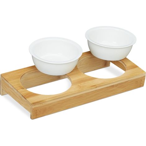 Set di 2 ciotole inclinate per animali domestici in ceramica facile da pulire 24 x 12 x 5 cm in bambù naturale 130008593