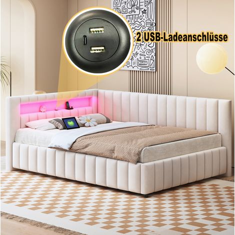 Schlafsofa 209/147,5/82 cm beige aus Samt mit LED-Licht und USB-Anschluss (1/5)