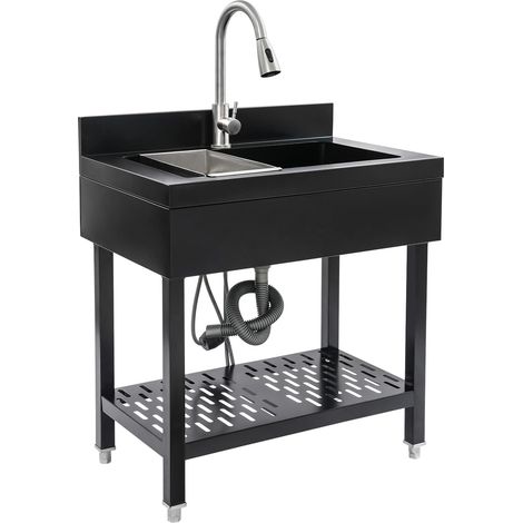 Évier de cuisine avec robinet extensible, Évier autoportant en acier inoxydable - Rectangulaire avec un bac - Pour maisons, salles de bains, fermes, arrière-cours, 70 x 50 x 90 cm, noir