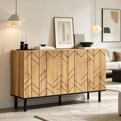 Modernluxe - Buffet moderne 120x35x70 cm - 3 portes - Motif ondulé - Panneaux de particules et pieds en métal - Naturel (1/5)