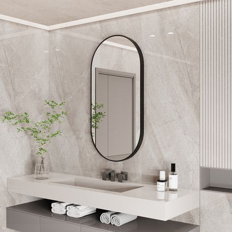 Wall-Mounted Mirror for Bathroom Dressing Room Bedroom Corridor Aluminum Alloy Black Framed Wall Mirror, Oval 100 x 50cm (1/5)
