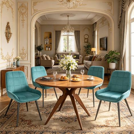 MEUBLIV Lote de 4 sillas de comedor turquesa de terciopelo y metal, respaldo alto (1/5)