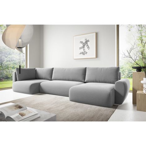 Wohnlandschaft Schlafsofa GALAN Stoff Poso Hellgrau Ottomane Rechts