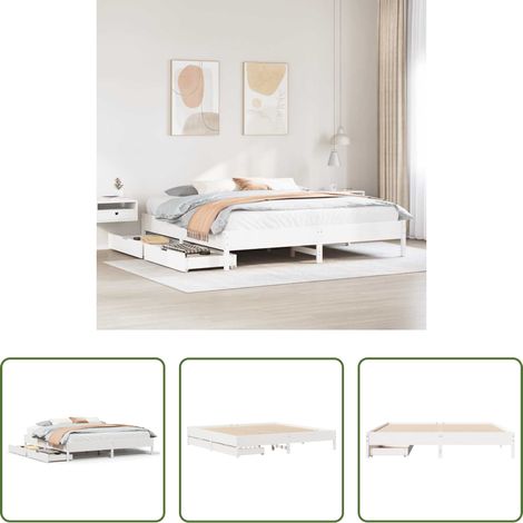 vidaXL Tiroir sous lit - Cadre de lit sans matelas blanc 180x200 cm bois massif de pin (1/5)