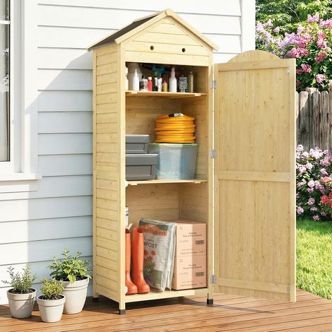 Armoire de jardin en bois naturel 85x58x213cm, étagères réglables, toit en acier galvanisé à motif gaufré, meuble de rangement extérieur robuste