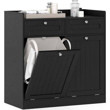 COSTWAY Double Tilt-Out Laundry Hamper Cabinet with 2 Drawers-Black (1/5)
