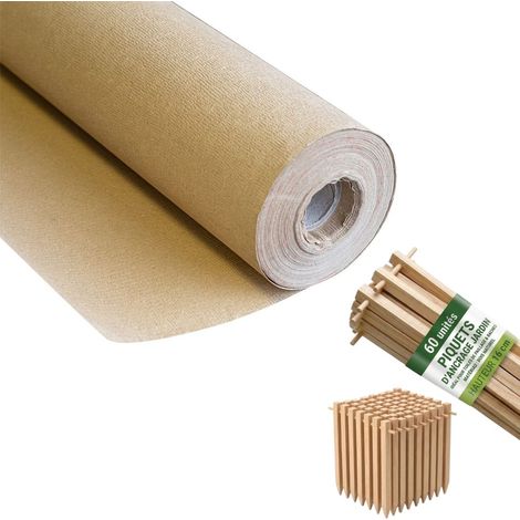 Kit Toile de paillage Papier Kraft 0.9 x 20m + 60 Piquets Bois fixation Paillage Autodégradable Anti mauvaises herbes Jardin