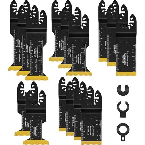 15PCS Lames de Scie Oscillantes Titane Lame de Scie Universelle Compatibles avec 15 Accessoires Outil Multifonction pour Métal Bois Vis (1/5)