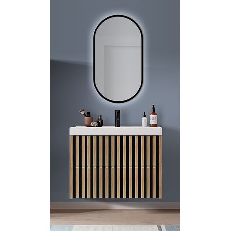 Badmöbel Set mit LED Spiegel und 80 cm Waschtisch LUCCA-107 in Eiche Nb. mit Lamellenfronten, B/H/T: ca. 81/200/46 cm (1/5)