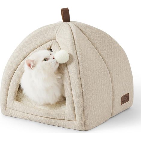 1 Niche Chat,40x40x40cm,Maison Igloo Pliable,Faux Lin,Coussin Sherpa Lavable,Jouet Suspendu,Intérieur (1/5)