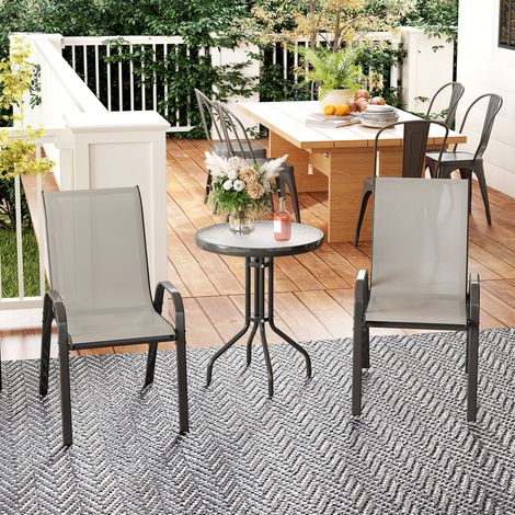 3 pièces salon de jardin extérieur ensemble de meubles 2 fauteuils empilables table basse dessus verre trempé gris clair