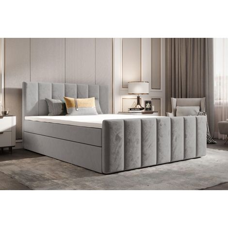 Lit Boxspring Adelom - Gris - 200x200 Cm - Lit Avec Rangement - Lit Design Moderne - Matelas À Ressorts Bonnell (1/5)