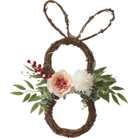 Frühlingskranz, niedlicher Osterhasenkranz mit Blumen und grünen Blättern, Girlande für die Haustür, für drinnen und draußen