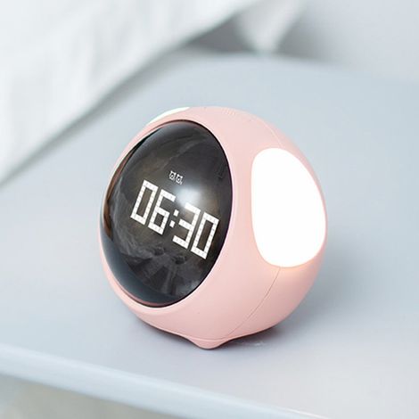 Kinder-LED-Pixelwecker mit Gesichtsausdrücken, intelligentem Nachtlicht, digitaler Wecker für Schulkinder, rosa