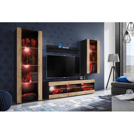 Komodee Ensemble de Meubles Tivoli Medio, Noir/Wotan, Largeur 245cm x Hauteur 159cm x Profondeur 35cm, LED RGB, 3 étagères, pour Salon, Chambre, Entrée (1/5)