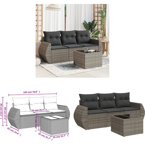 4-tlg. Garten-Sofagarnitur mit Kissen Grau Poly Rattan - Gartenmöbel Set - PE-Rattan Möbel - Outdoor Sofa - Esstisch - Lounge Garnitur - Home & Living (1/3)