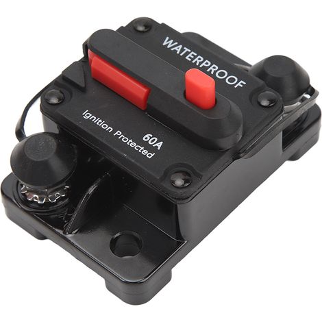 Coupe-circuit audio auto 12V étanche, réarmement manuel, protection fusible 60A pour système stéréo et amplificateur. (1/5)