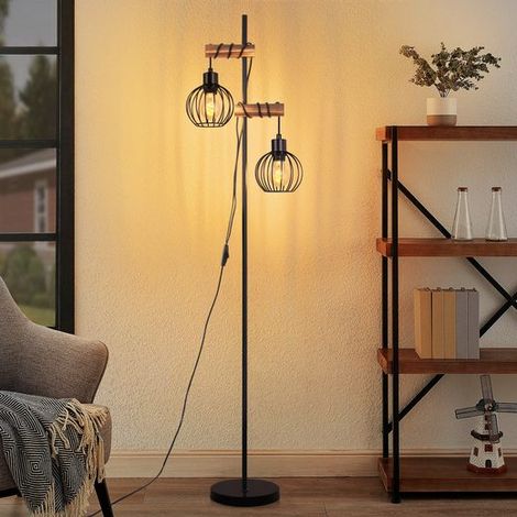 GBLY Stehlampe Wohnzimmer Vintage Stehleuchte Schwarz: Holz Standleuchte Metall Industrial E27 Standlampe 2 flammig mit Käfig Lampenschirm Retro Bettlampe für Schlafzimmer 152cm (ohne Leuchtmittel)