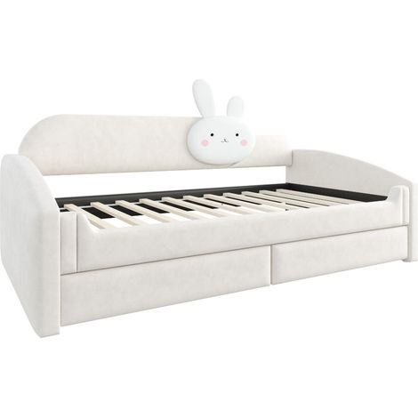 Kinder-Schlafsofa 90 x 200 cm mit Stauraum, LED-Beleuchtung, beigem Samt und Hasenkissen (1/5)