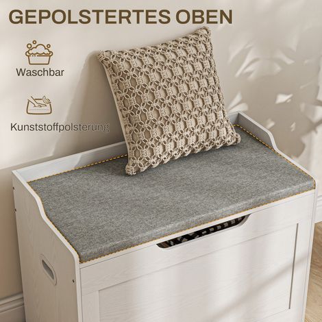 Coffre de rangement 103 L, banquette de stockage avec charnière sécurisée, coussin de siège, pour salon, chambre ou entrée, blanc