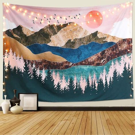 Tapisserie murale colorée représentant un coucher de soleil sur les montagnes, idéale pour la décoration de la chambre et du salon. (1/5)