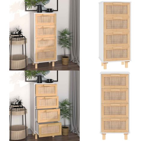 Sideboard Weiß 40x30x90 cm Massivholz Kiefer und Natur-Rattan - Schreibtisch - Sideboard - Wohnzimmermöbel - Holzmöbel - Weißer Schrank - Home & Living