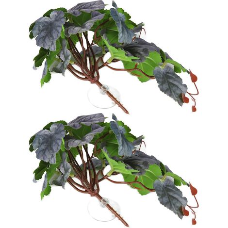 Set di 2 piante artificiali per rettili – resistenti allo scolorimento con ventosa – foglie di begonia bicolore – nido per acquario (1/5)