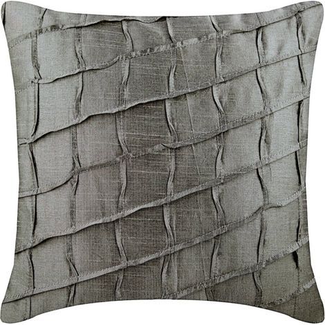 Taie d'oreiller argentée, 40 x 40 cm, tissu de soie de créateur, couleur unie, plissée, texturée, motif à carreaux, style moderne. (1/3)