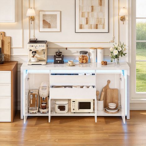 Buffet avec éclairage LED, 4 Portes 2 Tiroirs de rangement, façade laquée haute brillance, Meuble TV Moderne pour Salon, Cuisine et Entrée, Blanc,160x35x75cm (1/5)