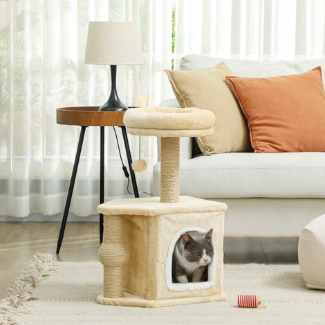 Árbol para Gatos Altura 66 cm Torre para Gatos con Cama Cueva Plataforma Bola Colgante y Poste de Yute Beige (1/5)