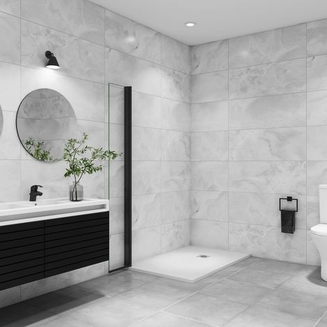 Aica Sanitaire – Paroi de douche à l'italienne pivotante 35x200cm – Verre trempé 8mm anticalcaire – Profilé en aluminium noir mat – Montage réversible