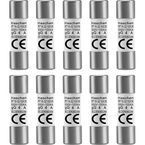 Tube cylindrique en céramique fusible Lien, RT18-32 (RO15), 10  38 mm, 4A 500V, Lot de 10 (1/5)